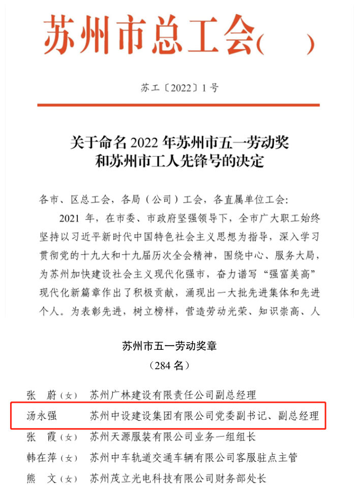 集團黨委副書(shū)記、副總經(jīng)理湯永強獲得2022年蘇州市“五一勞動(dòng)獎?wù)隆? title=